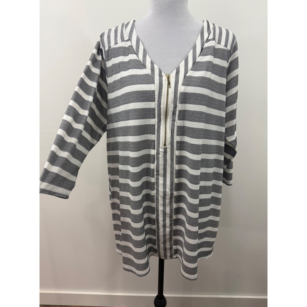 Ava James Grey White Striped Quarter Zip Tunic Top Plus Size 1X